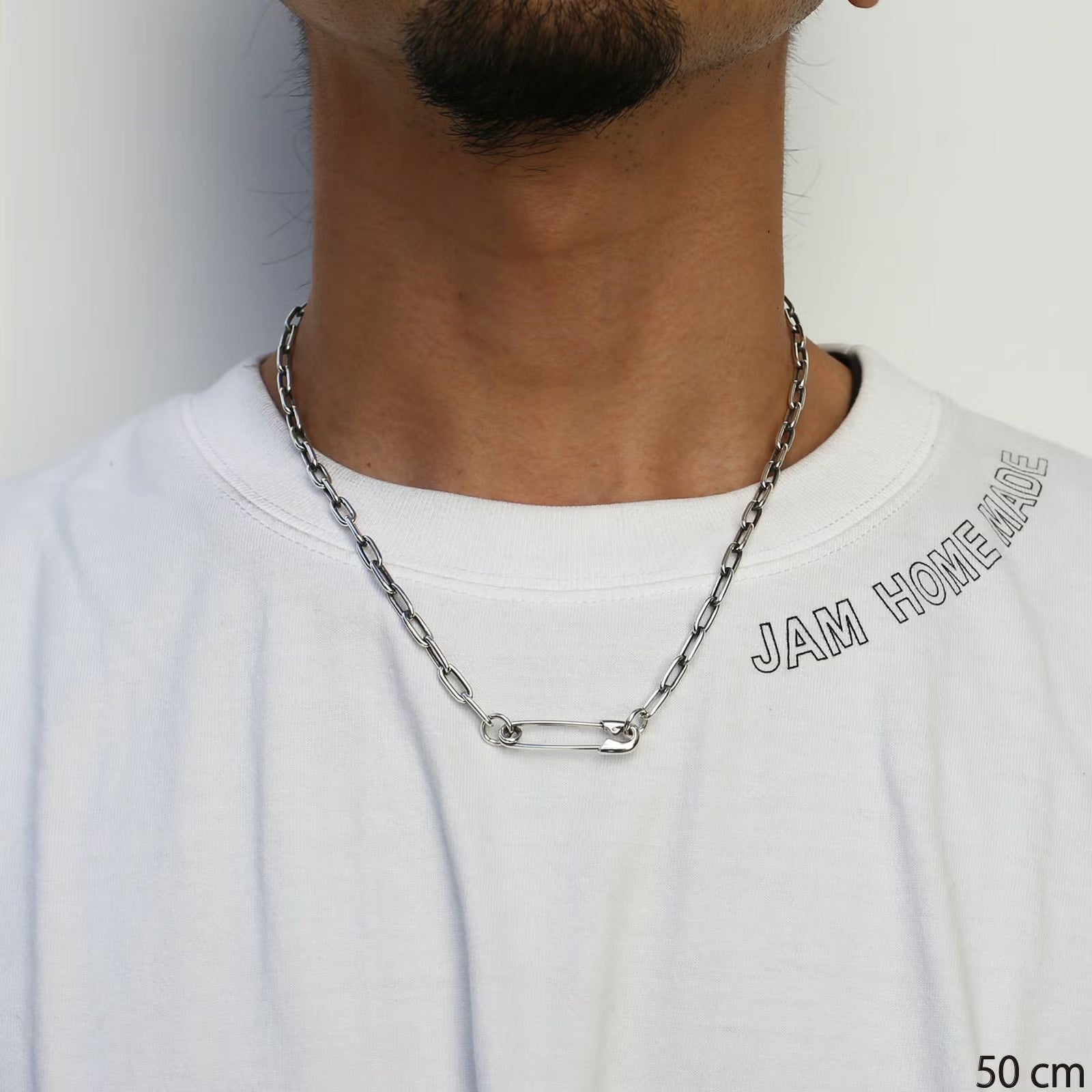 Safety Pin Long Azuki Chain Diamond Necklace M - Silver (Smoked Finish)