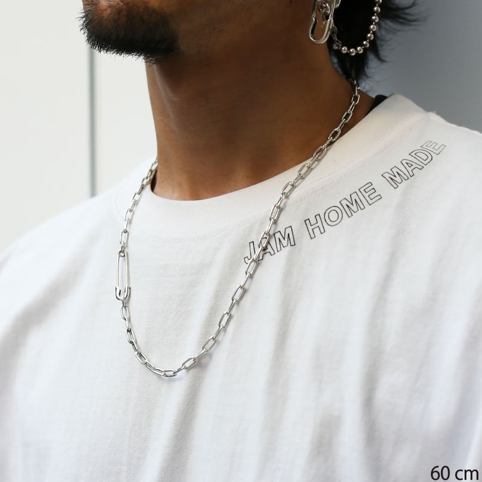 Safety Pin Long Azuki Chain Diamond Necklace M - Silver (Smoked Finish)