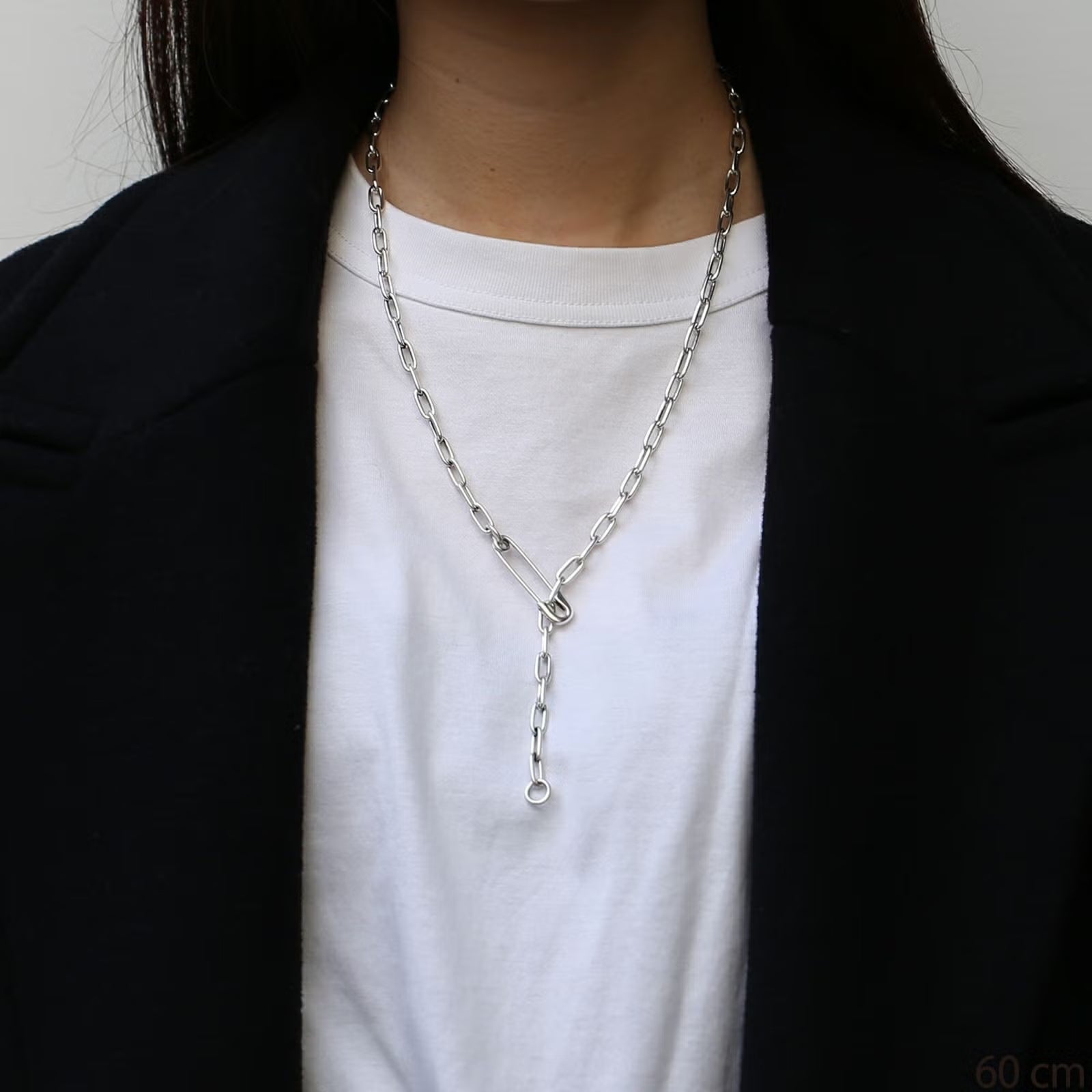 Safety Pin Long Azuki Chain Diamond Necklace M - Silver (Smoked Finish)