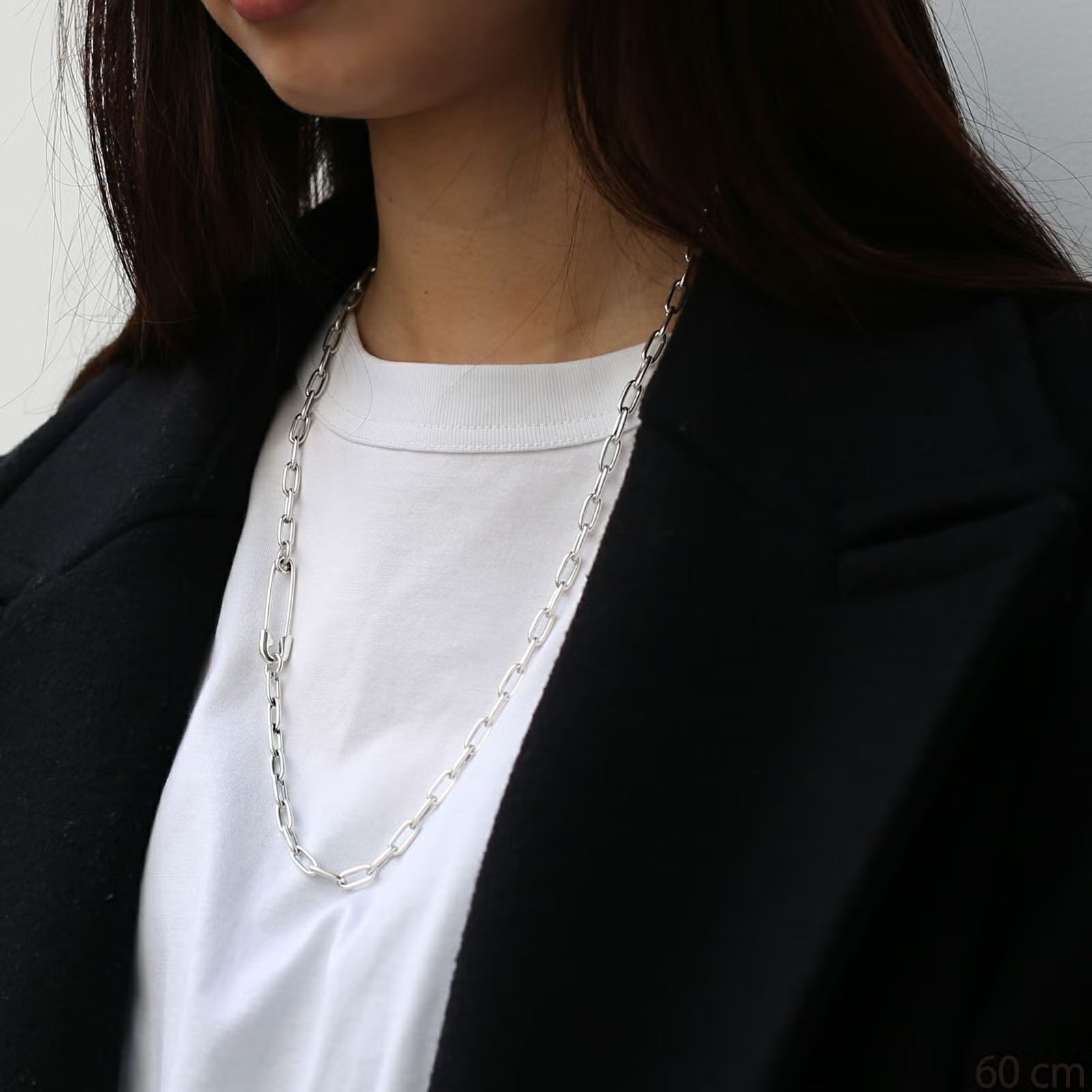 Safety Pin Long Azuki Chain Diamond Necklace M - Silver (Smoked Finish)