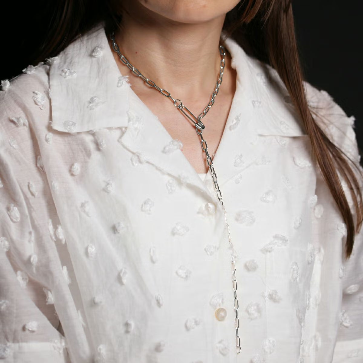 Safety Pin Long Azuki Chain Diamond Necklace M - Silver (Mirror Finish)