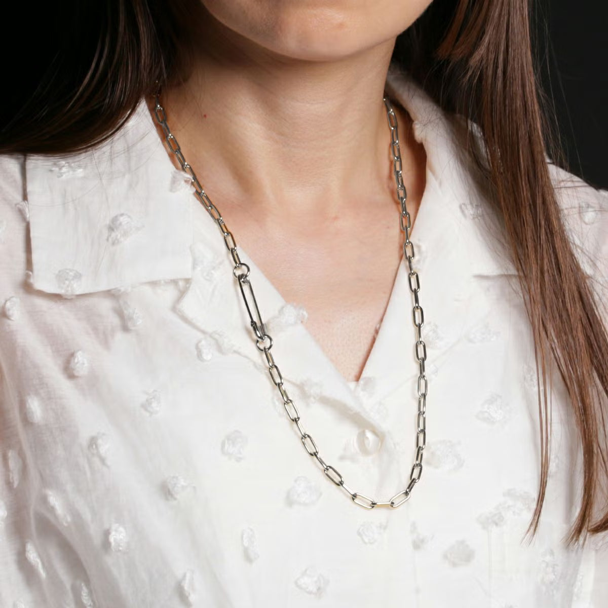 Safety Pin Long Azuki Chain Diamond Necklace M - Silver (Mirror Finish)