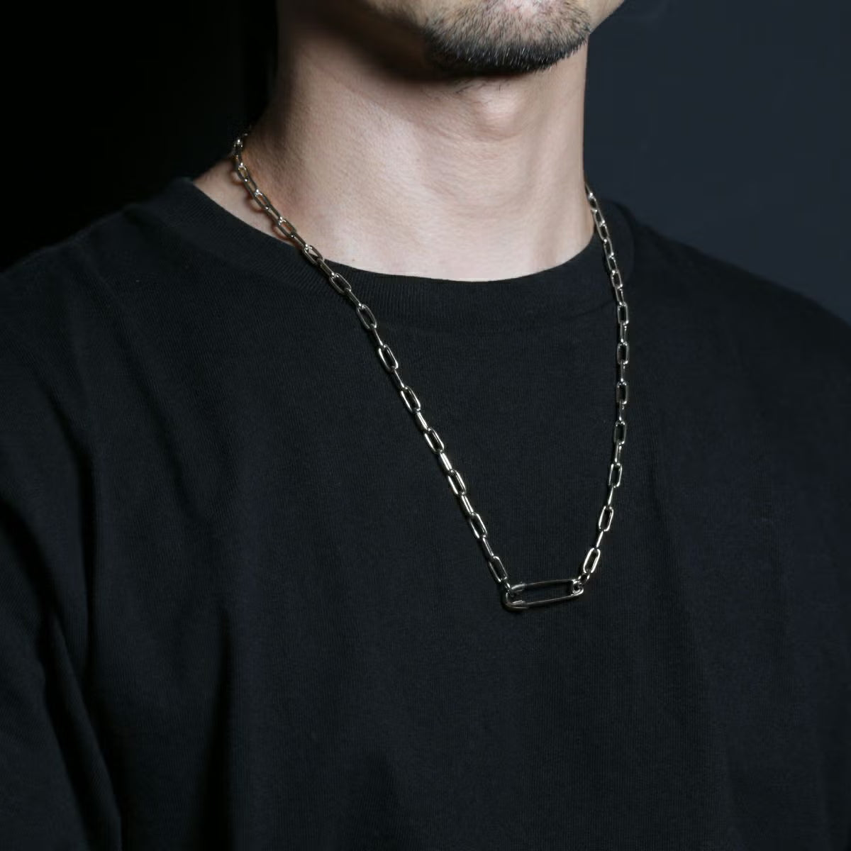 Safety Pin Long Azuki Chain Diamond Necklace M - Silver (Mirror Finish)