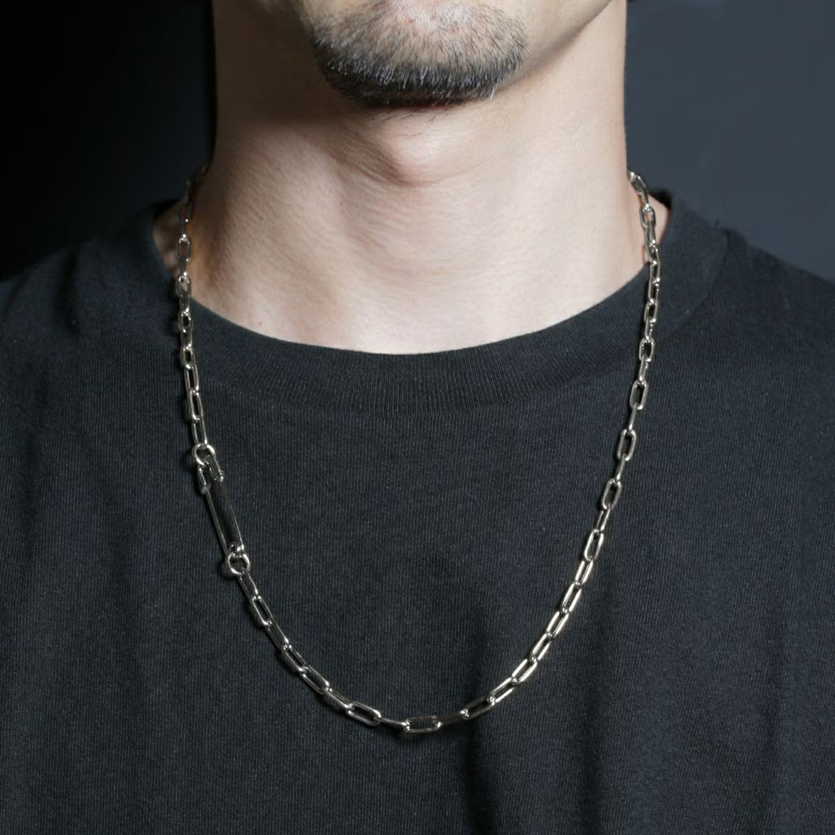 Safety Pin Long Azuki Chain Diamond Necklace M - Silver (Mirror Finish)