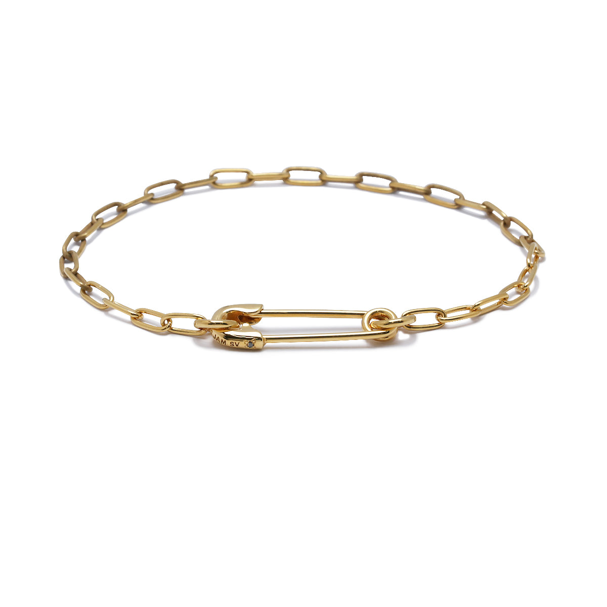 Long Safety Pin Azuki Chain Diamond Bracelet S - Gold
