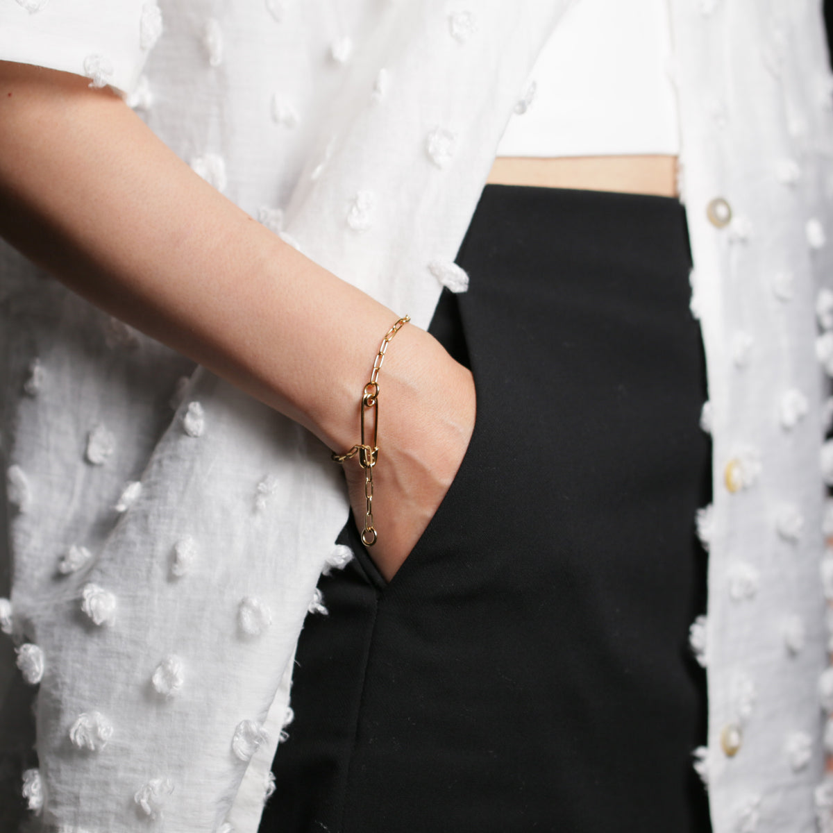 Long Safety Pin Azuki Chain Diamond Bracelet S - Gold