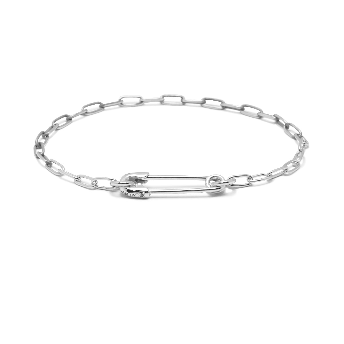 Long Safety Pin Azuki Chain Diamond Bracelet S - Silver (Mirror Finish)