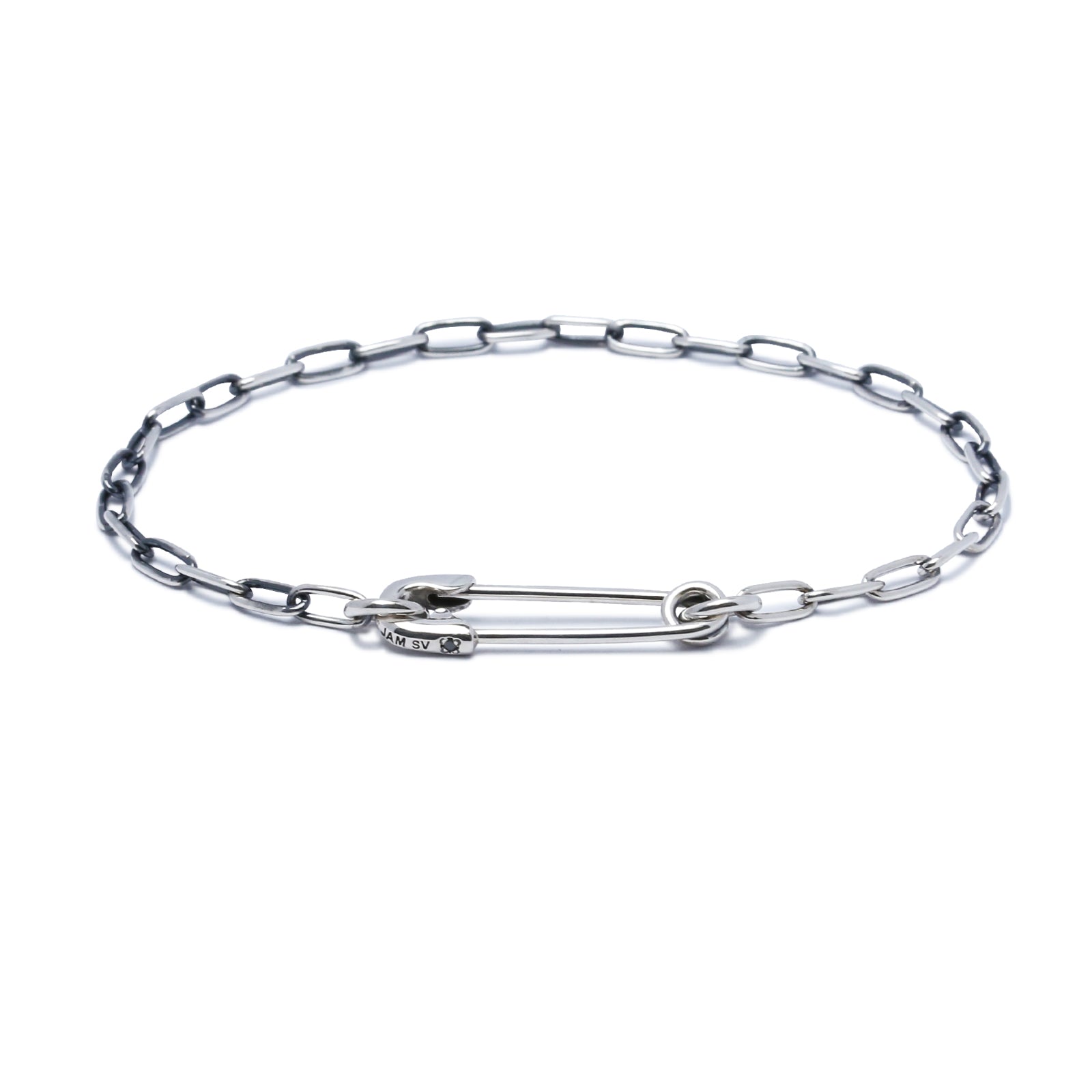 Long Safety Pin Azuki Chain Diamond Bracelet S - Silver (Smoked Finish)
