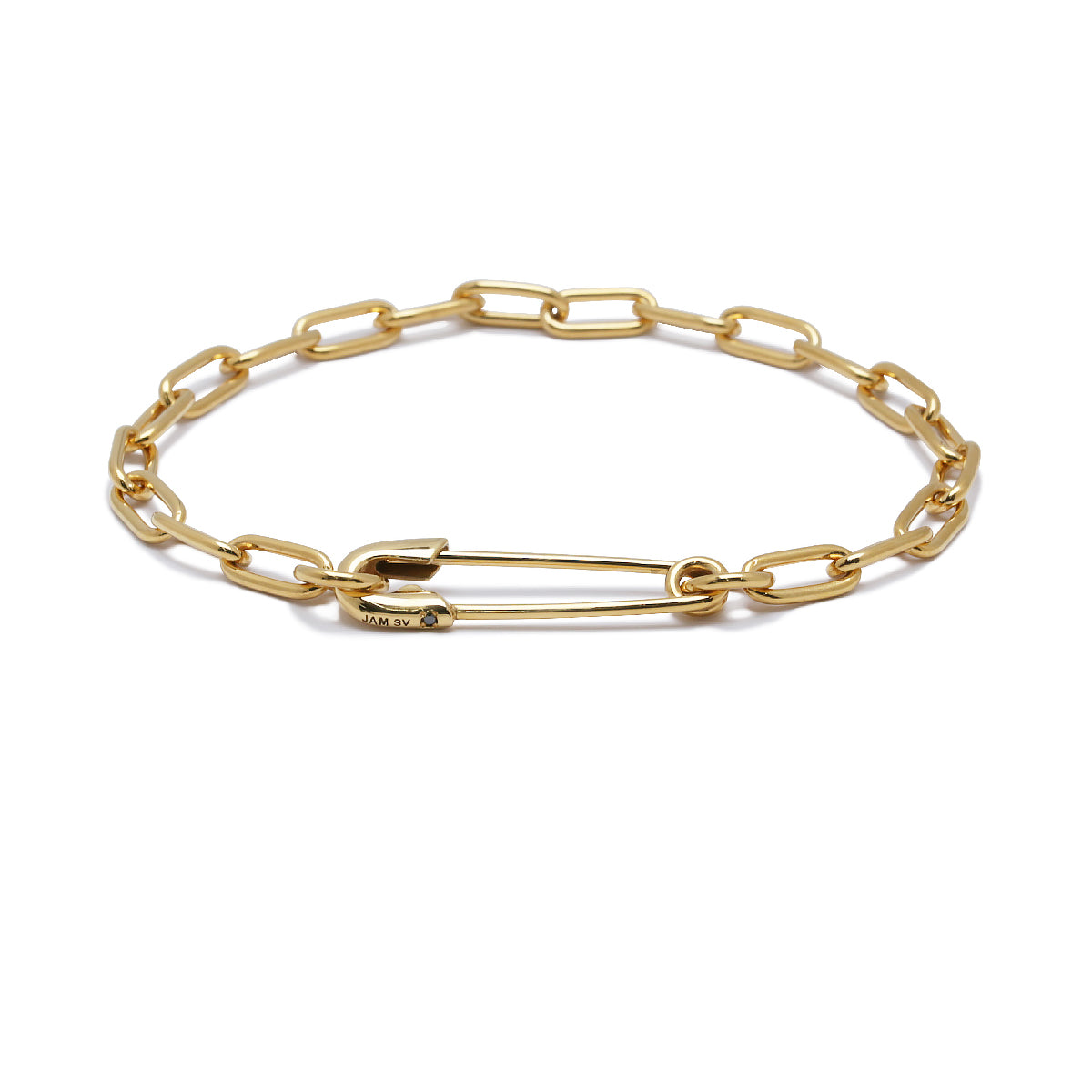 Long Safety Pin Azuki Chain Diamond Bracelet M - Gold