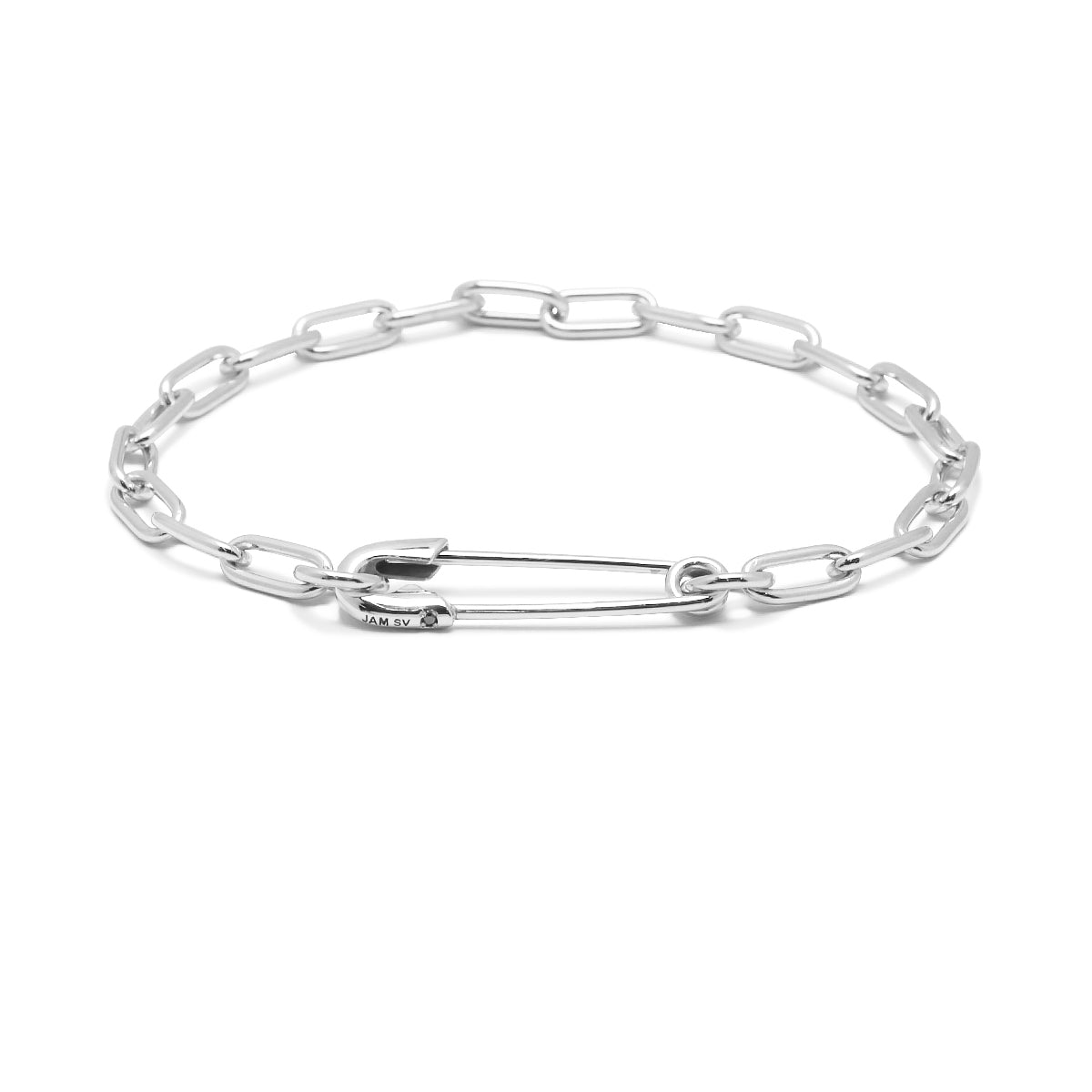 Long Safety Pin Azuki Chain Diamond Bracelet M - Silver (Mirror Finish)
