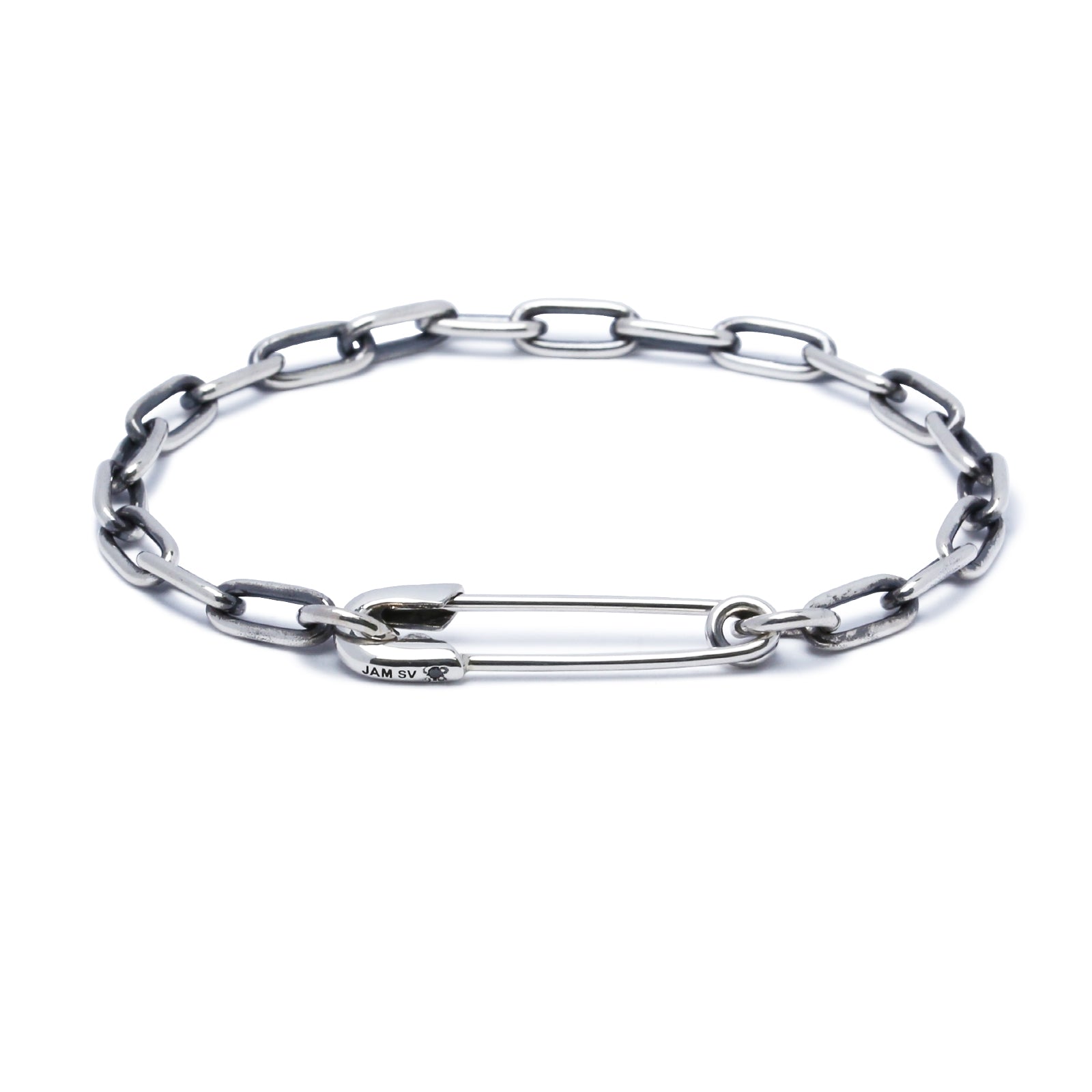 Long Safety Pin Azuki Chain Diamond Bracelet M - Silver (Smoked Finish)