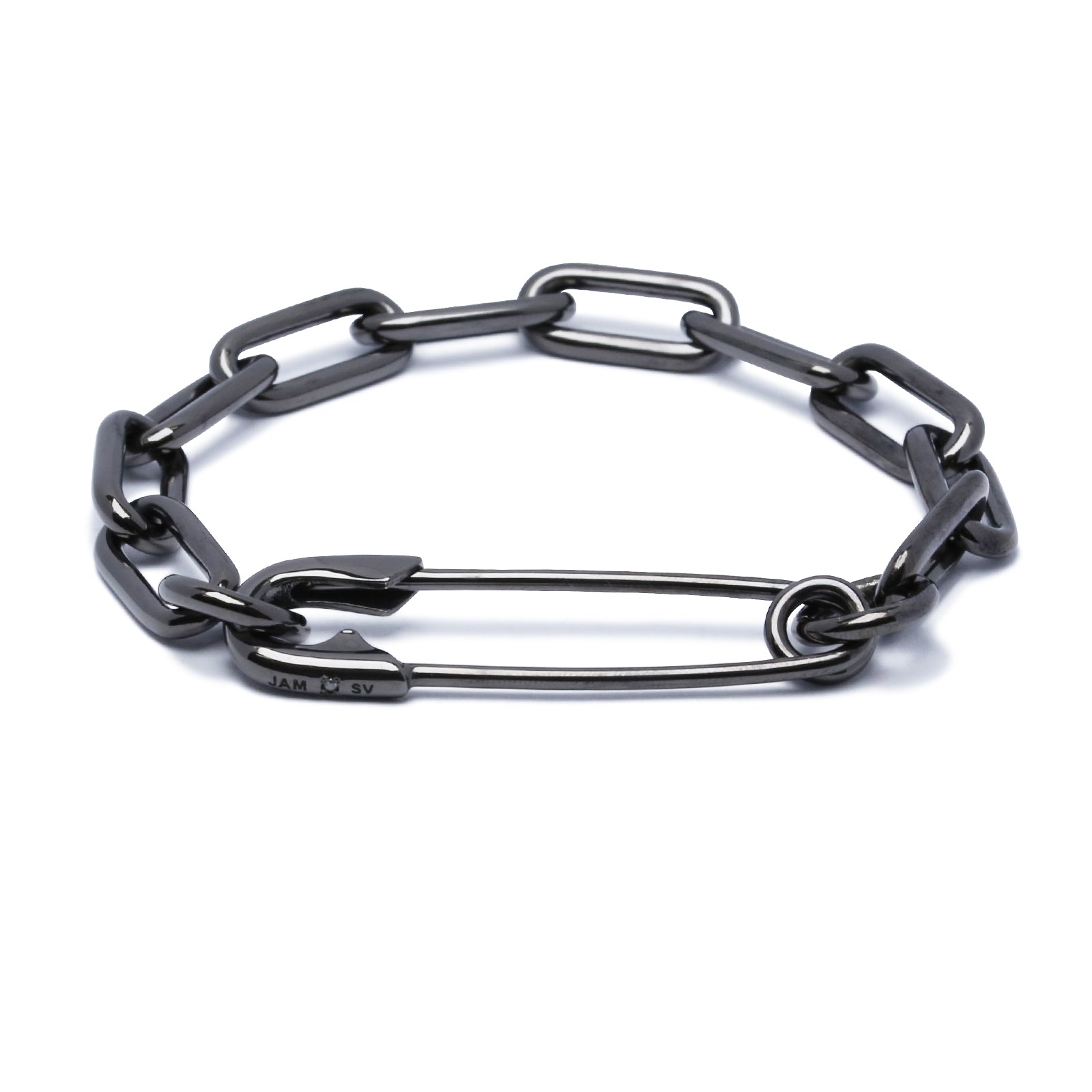 Long Safety Pin Azuki Chain Diamond Bracelet L - Black