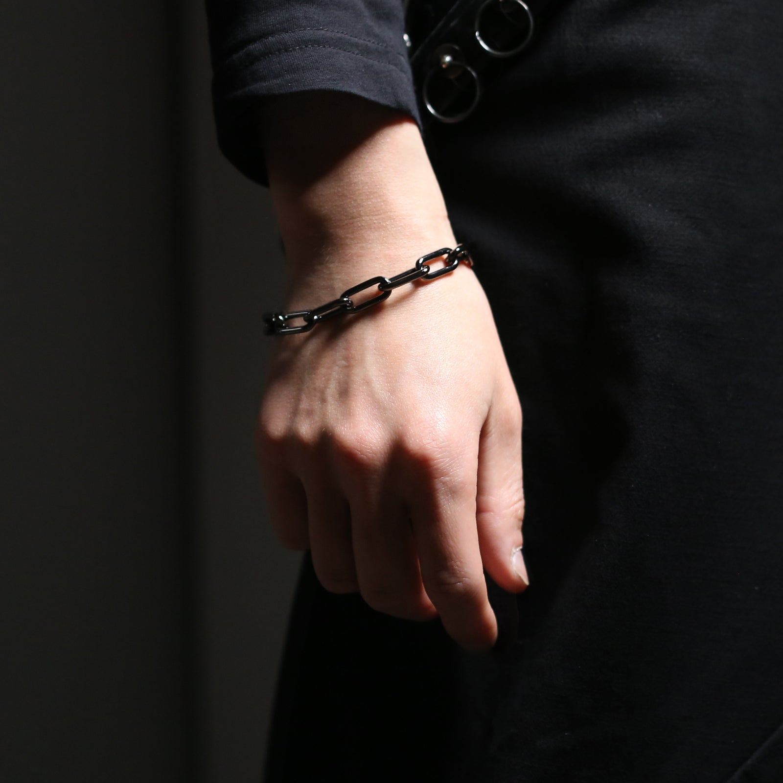 Long Safety Pin Azuki Chain Diamond Bracelet L - Black