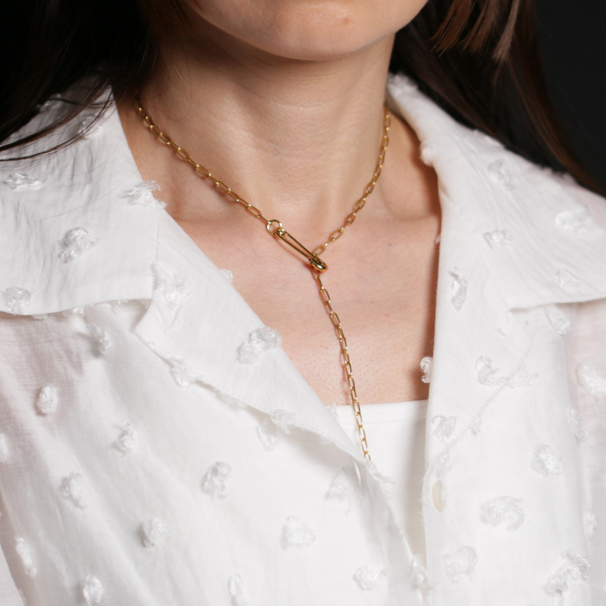 Safety Pin Long Azuki Chain Diamond Necklace S - Gold