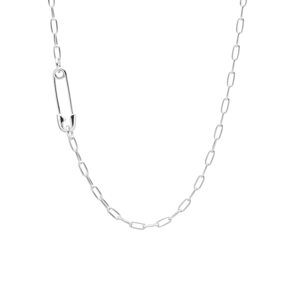 Safety Pin Long Azuki Chain Diamond Necklace S - Silver (Mirror Finish)