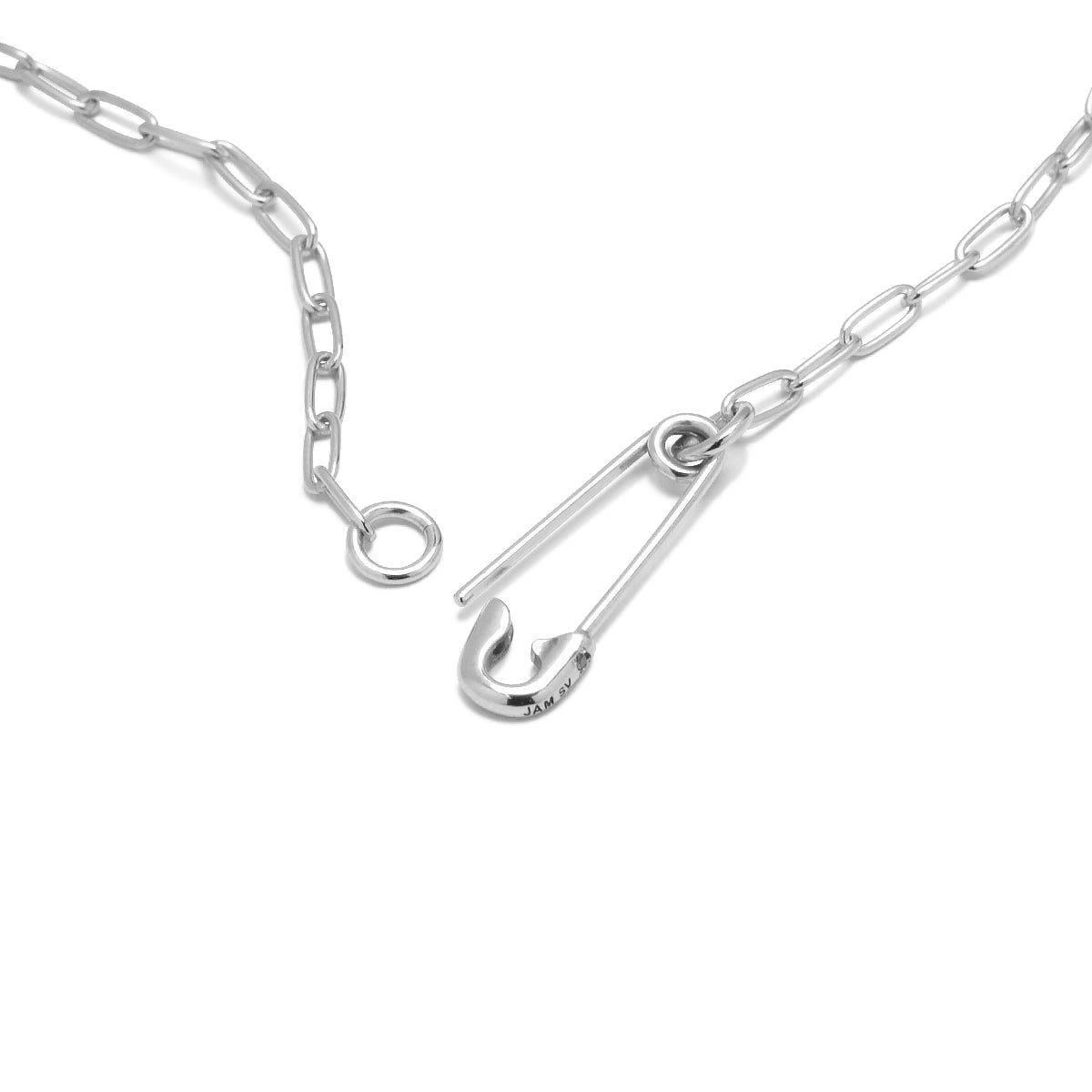 Safety Pin Long Azuki Chain Diamond Necklace S - Silver (Mirror Finish)