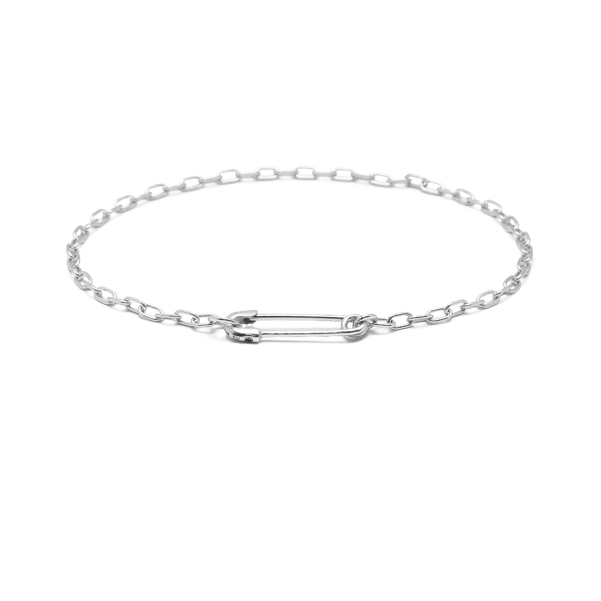 Safety Pin Long Azuki Chain Diamond Bracelet XS - Silver (Mirror