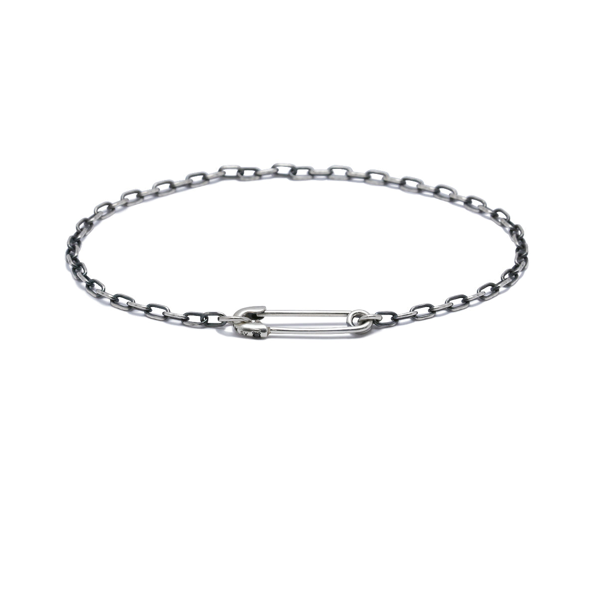 Safety Pin Long Azuki Chain Diamond Bracelet XS - Silver (Smoked Finish)
