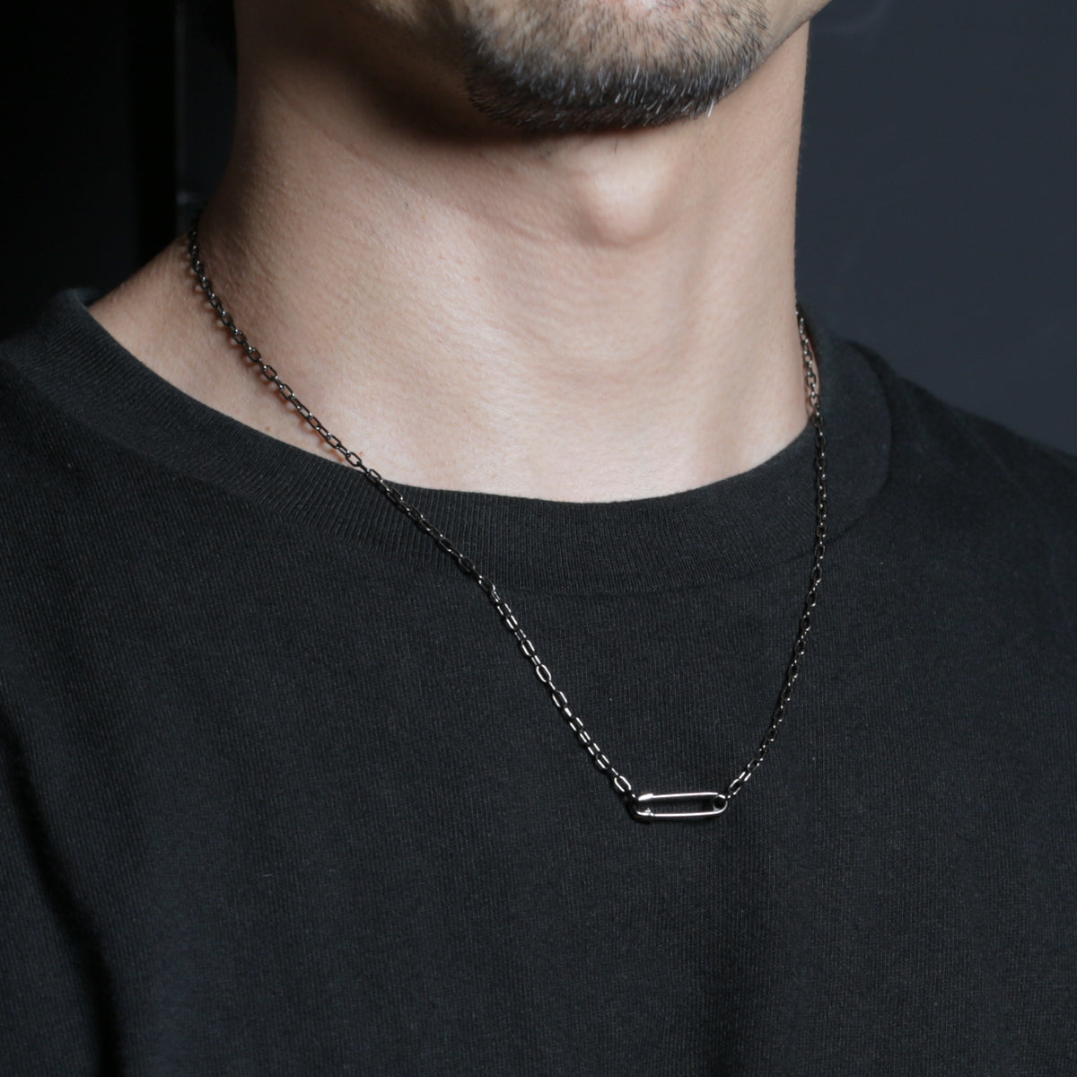 Safety Pin Long Azuki Chain Diamond Necklace XS - Black