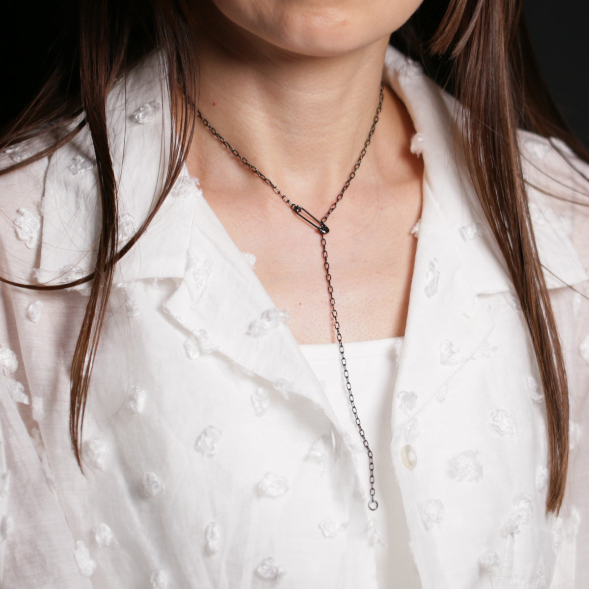 Safety Pin Long Azuki Chain Diamond Necklace XS - Black