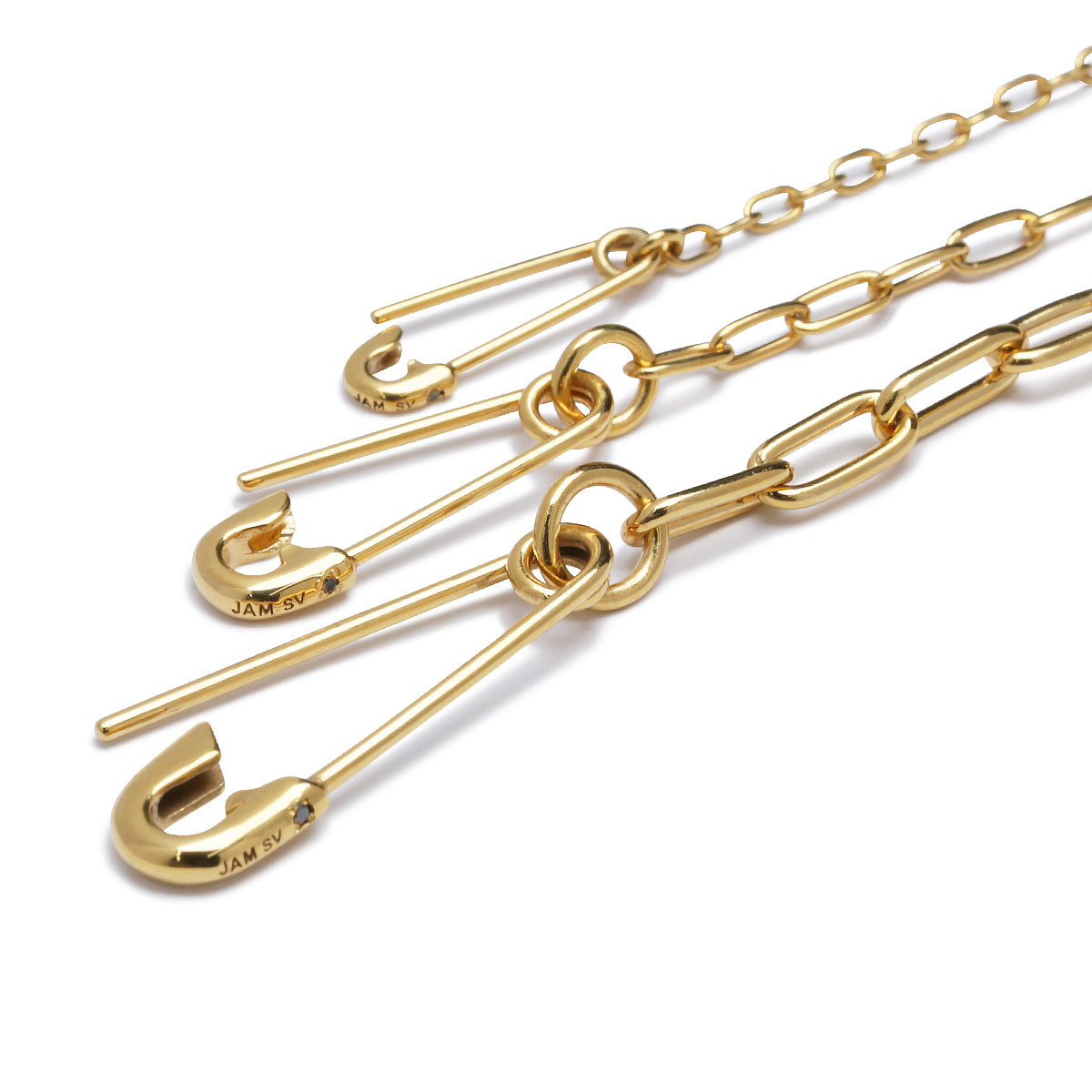 Safety Pin Long Azuki Chain Diamond Necklace XS - Gold