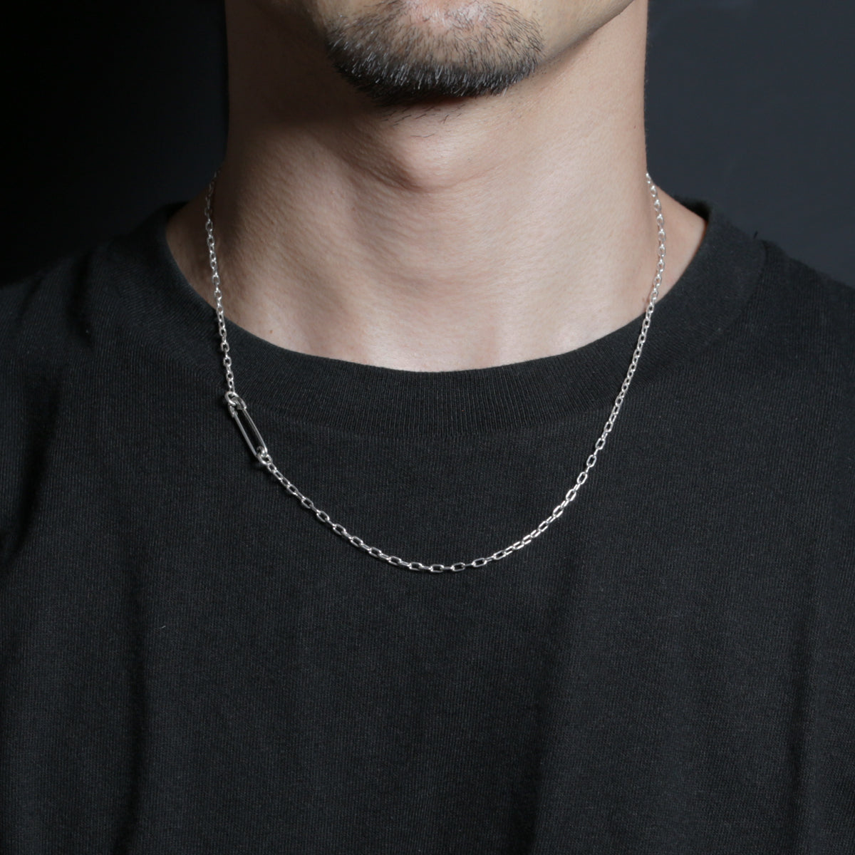 Safety Pin Long Azuki Chain Diamond Necklace XS - Silver (Mirror Finish)