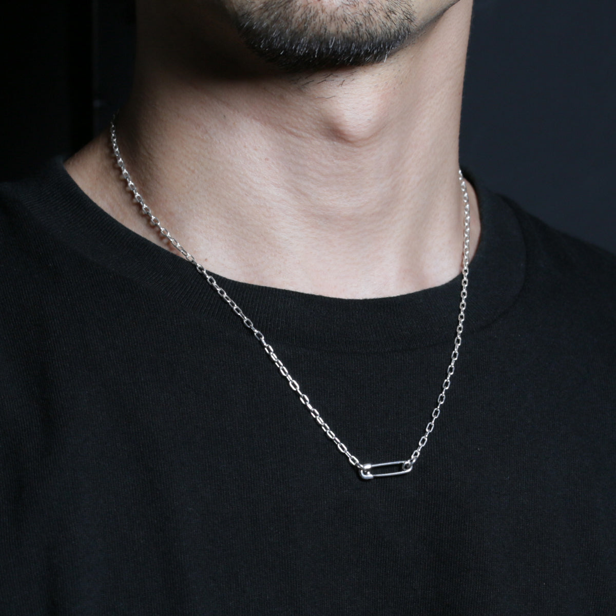 Safety Pin Long Azuki Chain Diamond Necklace XS - Silver (Mirror Finish)