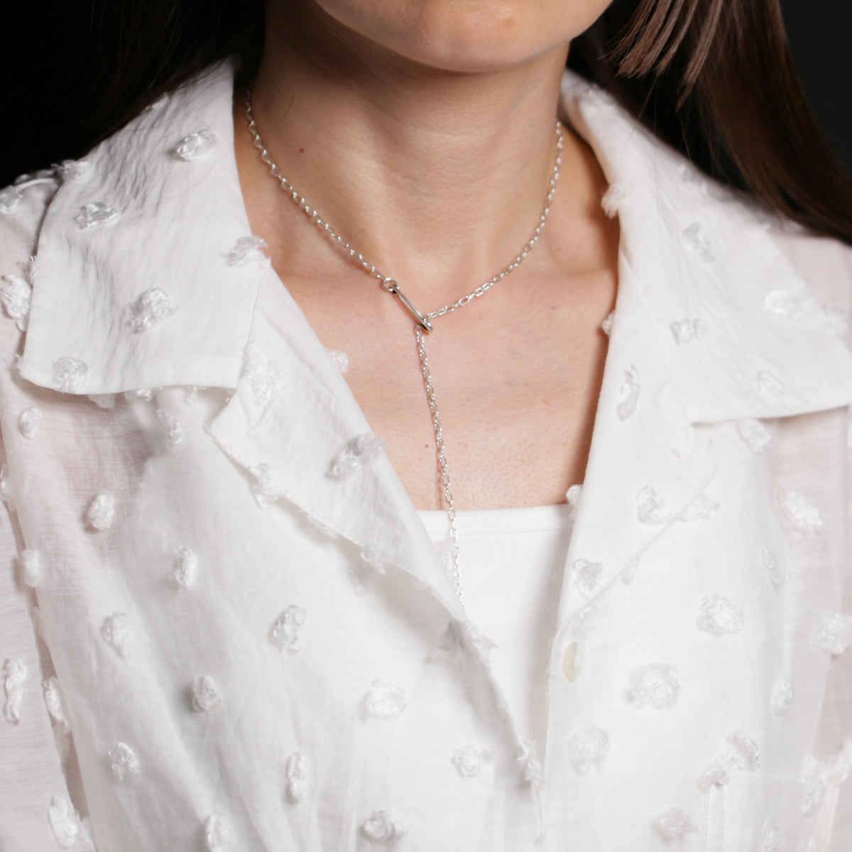 Safety Pin Long Azuki Chain Diamond Necklace XS - Silver (Mirror Finish)