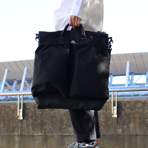 Ethical Leather & Eco Cordura Combination Helmet Bag Shoulder Bag Large Capacity Original/Made in Japan