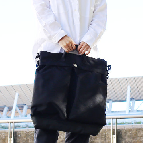 Ethical Leather & Eco Cordura Combination Helmet Bag Shoulder Bag Large Capacity Original/Made in Japan