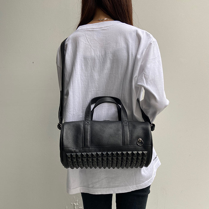 ENDURE Leather Studded 2-Way Drum Bag Shoulder Bag S - Black