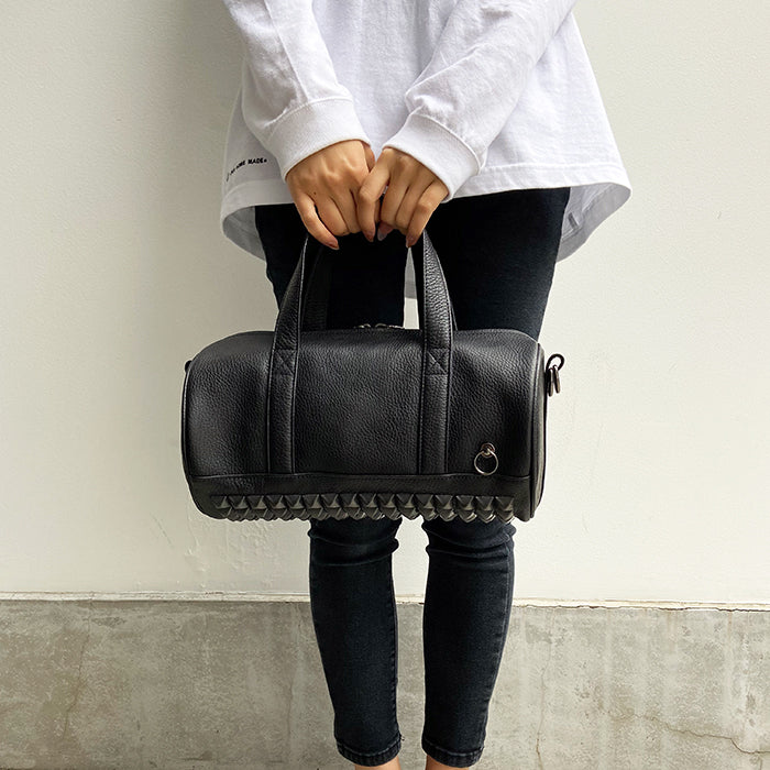 ENDURE Leather Studded 2-Way Drum Bag Shoulder Bag S - Black