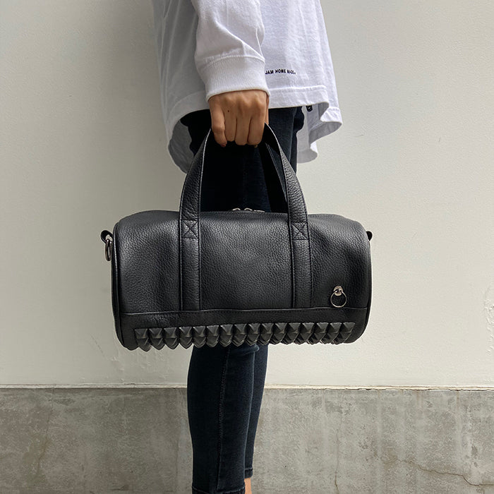 ENDURE Leather Studded 2-Way Drum Bag Shoulder Bag S - Black